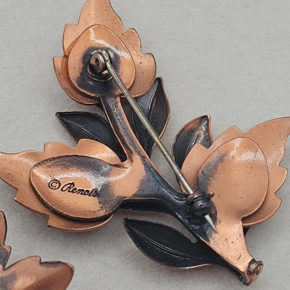 Vintage Copper Brooch Pins 2pc Leaf Botanical MCM Renoir Copper Bell